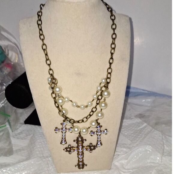 A Pink Panache Women's Layered Necklace Steampunk Fairy Grunge Rhinestone Cross - Picture 1 of 9